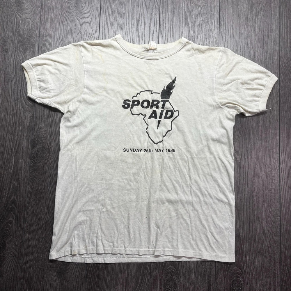 Vintage 1980s Sport Aid Ringer T Shirt Medium White Skate Thin Rare